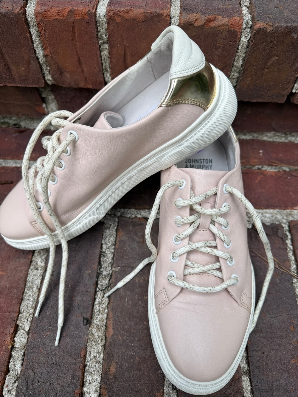 Johnston & Murphy Women's Blush Pink Leather Sneakers with Gold Heel Tab